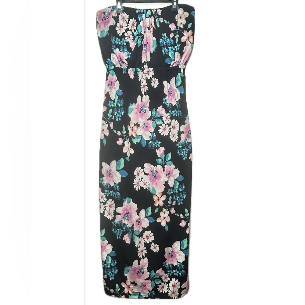 Floral Strapless Chic: Trixxi Dress, Pink & Blue Blooms, Halter Sheath Dress - M